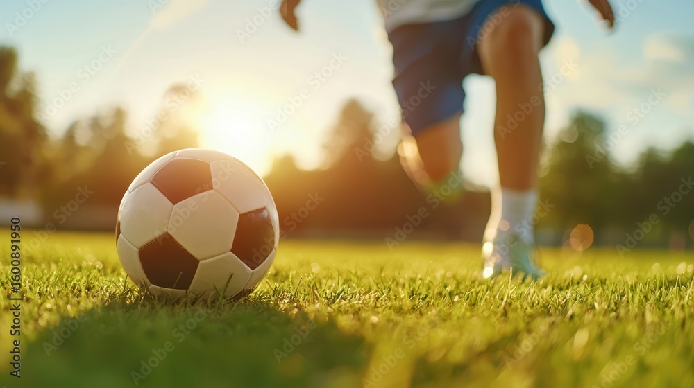 Fototapeta premium Vitality Family playing an intense soccer match in the park on a sunny day.