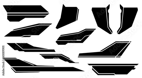 Collection of sleek and modern futuristic shapes. Black abstract elements designed as aerodynamic vehicle decals, sci-fi racing liveries, or for cyberpunk industrial graphics and UI.