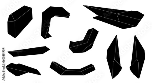 Collection of abstract geometric crystal and shard-like forms. The minimalist black shapes feature thin lines, giving them a faceted 3D appearance for futuristic or tech branding.