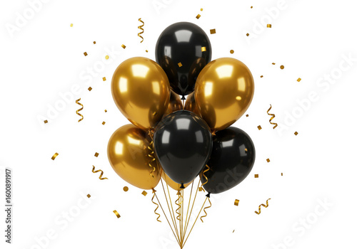 Gold and black party balloons with confetti isolated on transparent background