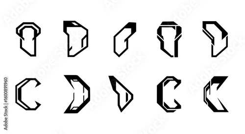 A set of ten unique black abstract shapes resembling letters like C and D. These futuristic, angular elements are ideal for creating custom sci-fi typography, tech logos, or modern branding.