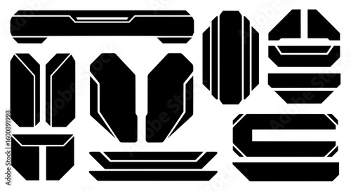 Isolated black vector-style tech shapes for creative projects. Use these abstract scifi elements for car stickers, cyberpunk illustrations, game assets, or futuristic industrial designs.