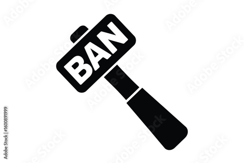 Hammer with ban symbol represents prohibition and restriction