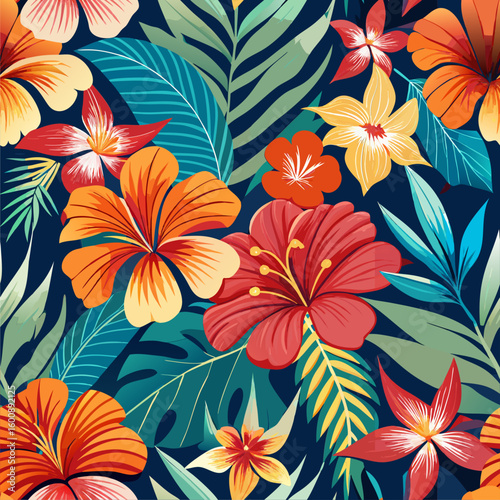 Vibrant tropical flower and leaf pattern on dark background. Colorful floral design with various hibiscus and orchid flowers in bold colors. displaying lush leaves.