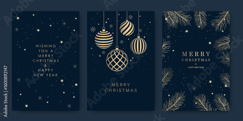 Merry Christmas and Happy New Year greeting card with golden shiny Christmas tree balls, fir branches. Vector illustration, greeting card design, covers.