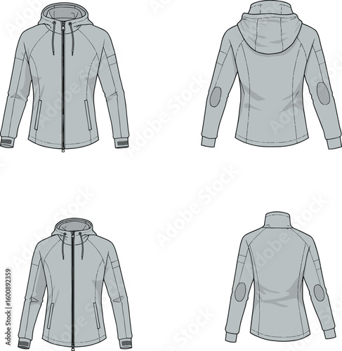 Jacket technical drawing, front view, back view, hooded jacket, zipper closure, fashion sketch, clothing blueprint, garment design, outerwear illustration, apparel template, jacket with hood, jacket w