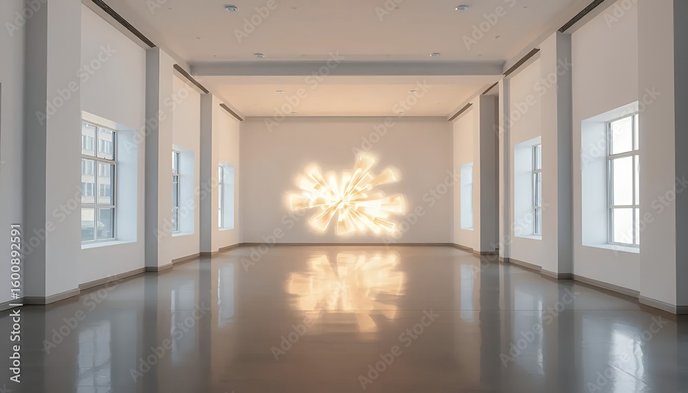 Fototapeta premium Modern art gallery with illuminated installation and reflections on polished floor