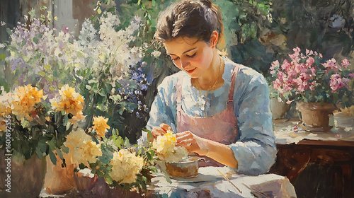  A lady artist finding inspiration and painting a still life of her blooming garden 
