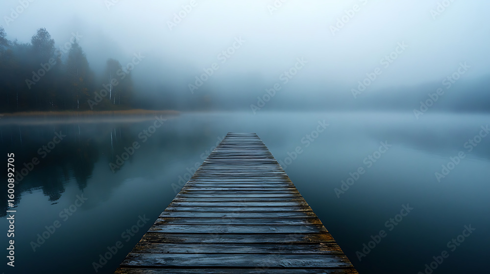 Obraz premium A lonely wooden dock stretching out into a misty lake at dawn