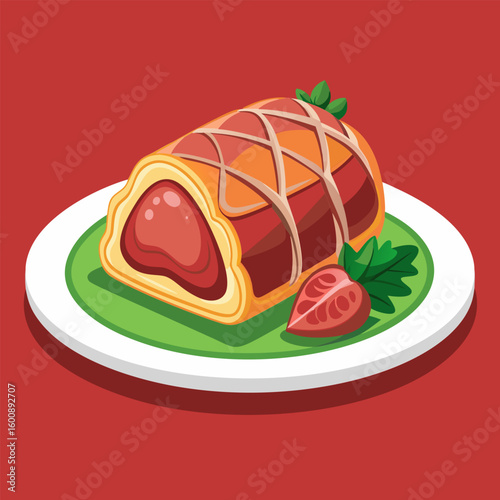 Strawberry pastry roll on a plate. appetizing visual for food blog or cookbook. Delicious pastry roll garnished with strawberry. displayed on a plate against red background.