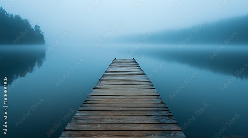 Obraz premium A lonely wooden dock stretching out into a misty lake at dawn 