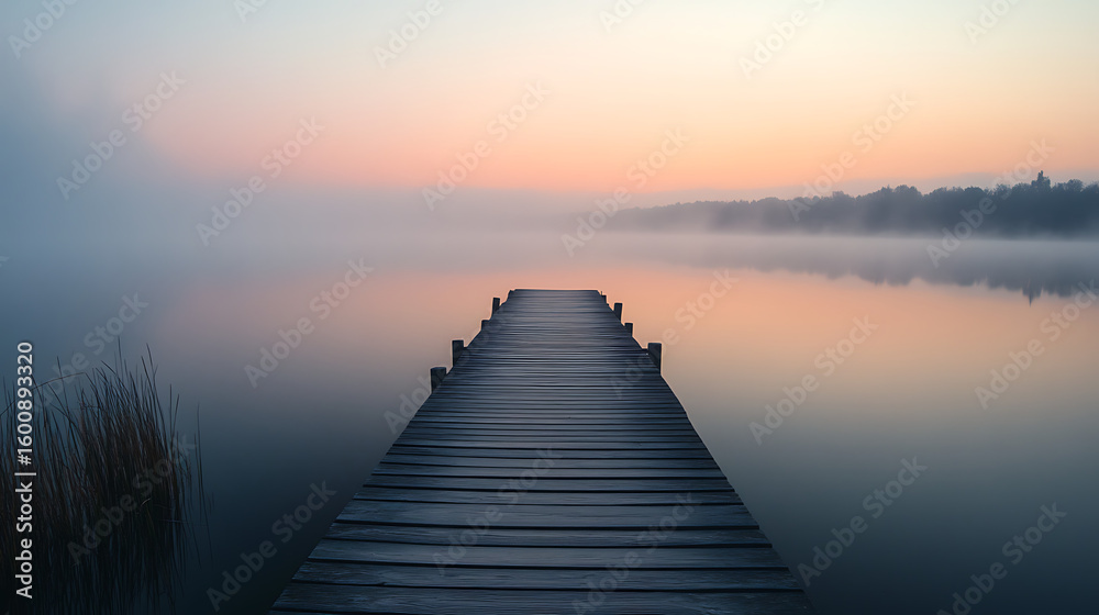 Obraz premium A lonely wooden dock stretching out into a misty lake at dawn 