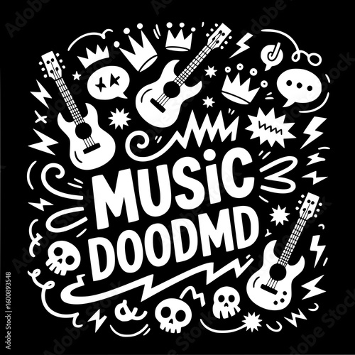 Music Doomsday: A bold, monochrome doodle illustration features guitars, crowns, skulls, and energetic graphic elements, creating a vibrant and edgy musical theme.