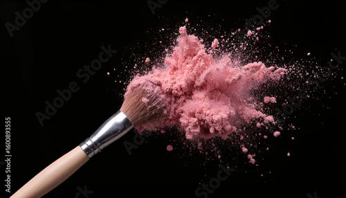 Makeup brush with pink powder exploding against a black background