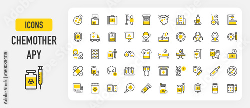 Set of Chemotherapy vector stroke icons. such as Adn, No Cancer, Medicine, Syringe, Blood, Vomiting, Dizziness, Radiation, Vitamins, Hospital Bed, Target, Money, Search, Calendar illustration.	
