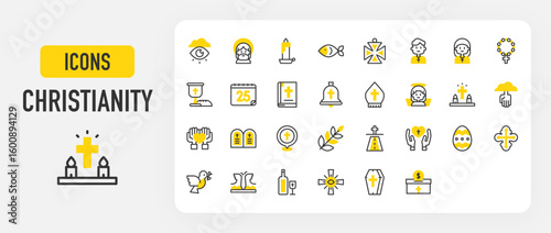 Set of Christianity vector stroke icons. such as Easter Egg, Olive, Pope, Hands, Cross, Waves, Calendar, Cloud , Bell, Cross, Wine, Angel, Donation, Dove, Fish, Jesus, Location Pin, Nun illustration.	