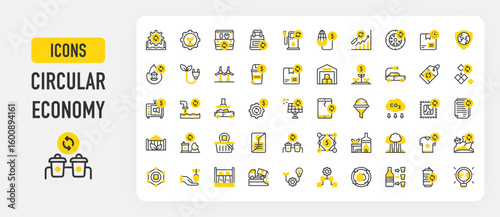 Set of Circular economy vector stroke icons. such as Scrap, Product, Repair, Supply Chain, Windmill, Innovation, Waste, Solar Energy, Modular, Incineration, Forest, Tshirt, Planting illustration.	
