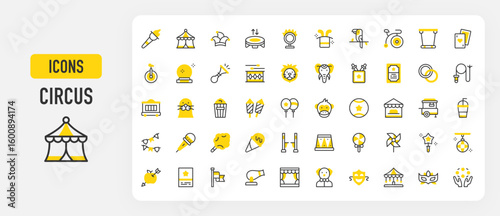 Circus icons. Joker Hat, Juggling, Horn, Theater Masks, Monkey, Trampoline, Ice Cream Cone, Carousel, Stage, Lion, Stilts, Seal, Parrot, Pinwheel, Flag vector stroke illustration.	
