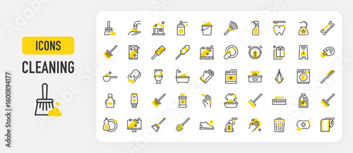 Cleaning icons. Laundry, House Cleaning, Spray, Detergent, Sponge, Cotton Buds, Feather, Monitor, Brush, Napkin, Wiper, Robot Vacuum, Laptop, Laundry, Soap vector stroke illustration.	
