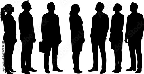 Vector silhouettes of two men and trhree women, a group of standing business people,looking up, profile, black color isolated on white background