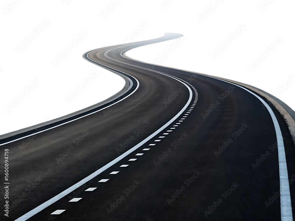 Obraz premium A winding asphalt road with white lines and a black background showing the path ahead on a journey