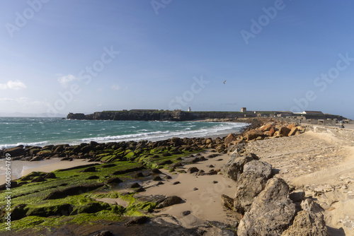 Beach at causeway between Mediterranean Sea and Atlantic Ocean, Punta de Tarifa,