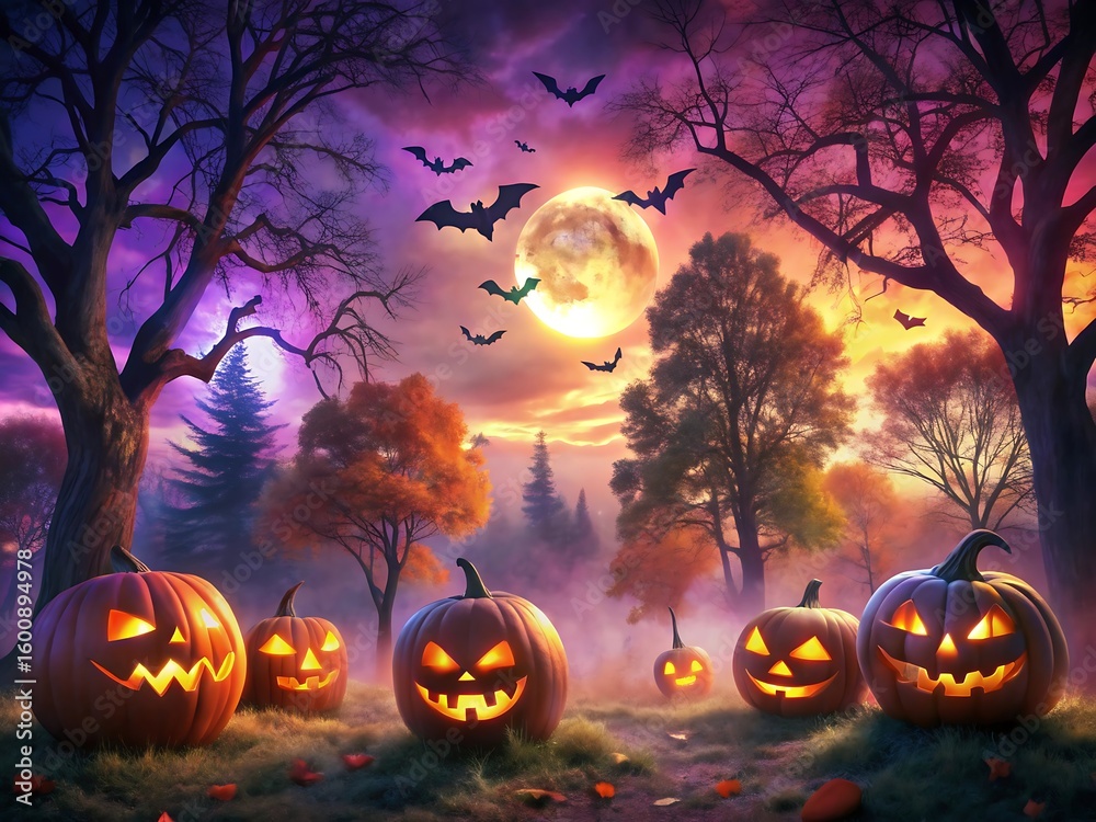 Fototapeta premium A spooky halloween night scene with glowing pumpkins bats flying in front of a full moon