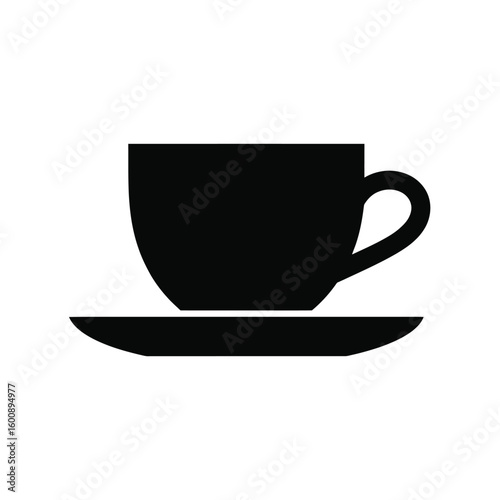 Simple black silhouette of a coffee cup and saucer