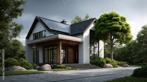 A modern, single-story house with large windows, surrounded by green trees and landscaping under a cloudy sky.