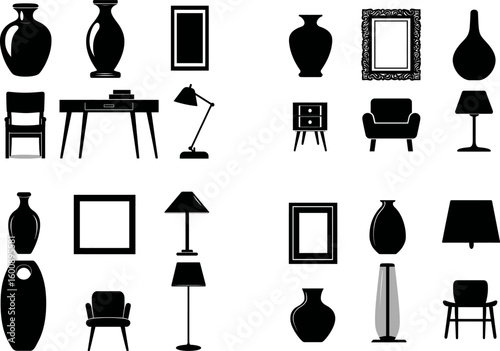 Furniture design vector set with vases lamps chairs and frames black and white art