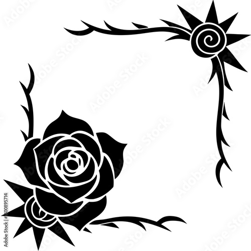 Elegant rose corner design element with thorns for invitations and creative projects, a floral flourish for design overlays