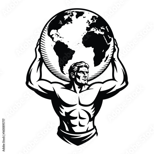 Bold black and white vector logo of Atlas holding earth globe silhouette, symbolizing strength and determination