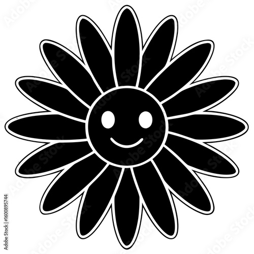 Happy daisy face brings sunshine vibes, perfect for greeting cards, logos, or cheerful branding; simple, bold, and memorable