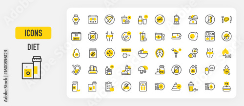 Diet icons. Probiotics, Sodium, Weight Loss, Calories, Digestion, Zinc, No Sugar, Fast Food, Meal, Pyramid, No Gmo, Burning, Nutrients, Bread, Salad, Low Fat vector stroke illustration.