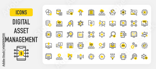 Digital asset management icons. Digital Asset, Database Table, Procession, Advanced Search, Workflow, Acceleration, Distribute, Cube, Digital Asset, Idea vector stroke illustration.	
