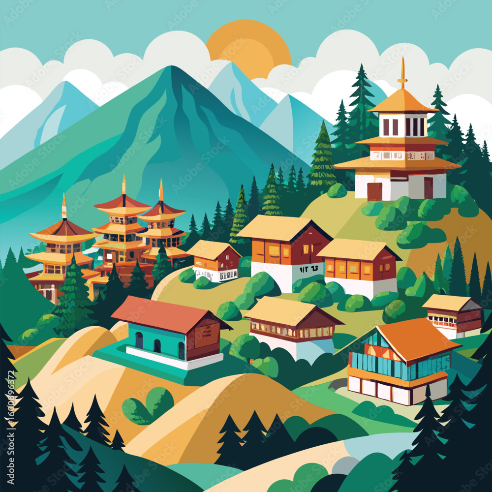 Naklejka premium himalayan-village-nestled-in-forest