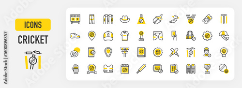 Cricket icons. Sport Bag, Guard, Player, Badge, Glove, Championship, Chest Guard, Calendar, Stadium, Clipboard, Shin Pads, Trophy, Scoreboard, Pants, Stump vector stroke illustration.	
