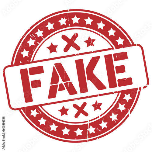 Red stamp declaring fake with stars and crosses