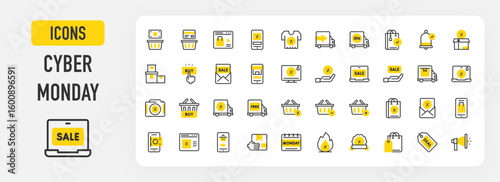 Cyber Monday icons. Calendar, Percentage, Shopping Bag, Online Sale, Delivery, Basket, Sale, Box, Deal, Mail, Online Payment, Sale, Megaphone vector stroke illustration.	
