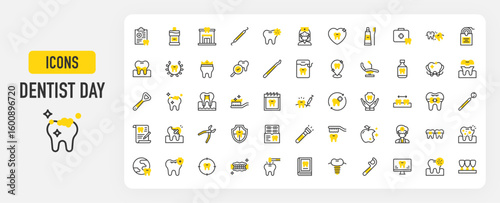 Dentist day icons. Tooth, Toothbrush, Prosthesis, Space, Floss, Dental Clinic, Drilling, Dental Crown, Impact, Apple, Nurse, Braces, Denture, Injection vector stroke illustration.	
