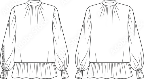Blouse fashion illustration, long sleeves design, gathered neckline, cuffed wrist details, layered hem silhouette, stylish garment template, elegant apparel sketch, clothing drawing layout