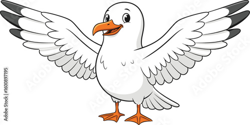 Cartoon seagull with wings spread, happy white bird illustration, orange beak and feet, isolated background, playful character, cute seagull drawing, vector animal art