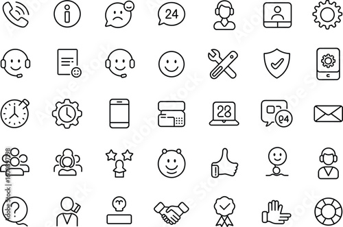 Customer support service icon set, flat vector line style with communication, help desk, feedback, assistance, and user interface symbols