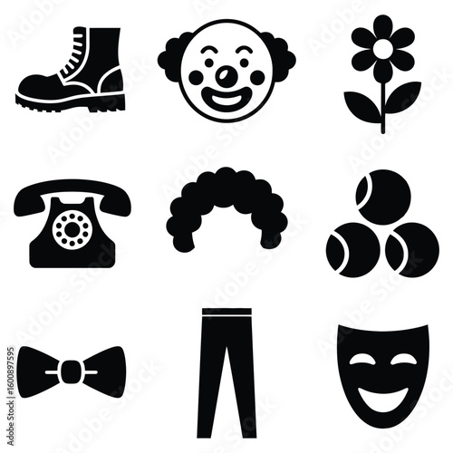 Black icons of footwear clown face flower telephone wig balls bow tie pants mask
