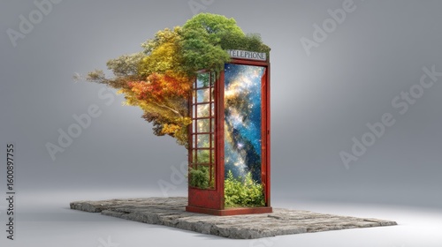 Cosmic Bloom: A Surreal Red Telephone Booth Transformed by Nature's Embrace and Celestial Wonders