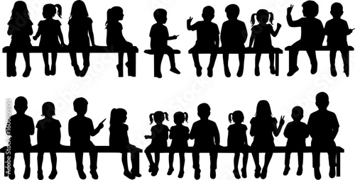 Vector silhouettes of a children and a teenagers sitting on a bench, a group of young people, black color on a white background