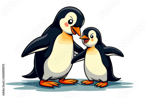 Cute penguin family illustration, mother and chick, playful interaction, delightful character design
