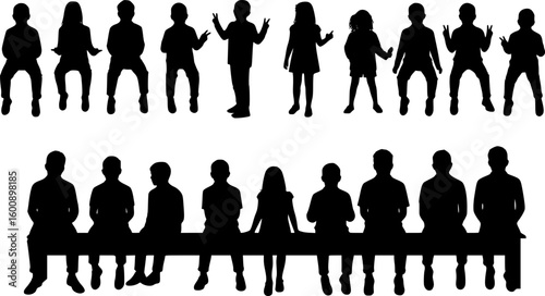 Vector silhouettes of a children and a teenagers sitting on a bench, a group of young people, black color on a white background