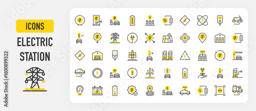 Electric station icons. Electric Power, Electric Tower, Map, Charging, Empty Battery, Recycle, Renewable Energy, Money, Gauge, Maintenance, No Fire, Low vector stroke illustration.	
