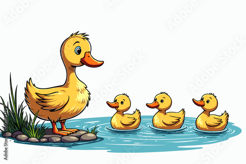 Charming duck family illustration, mother duck with ducklings, playful scene, nature ar